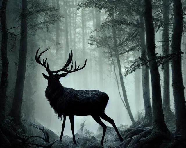 Image similar to 5 5 mm portrait photo of a black stag with antlers and black feathers in a magical forest. scary. magical atmosphere. art by greg rutkowski and luis royo. highly detailed 8 k. intricate. lifelike. soft light. nikon d 8 5 0.