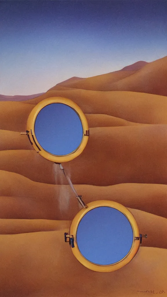 Image similar to 1 9 8 0 s airbrush surrealism illustration of a mirror in desert