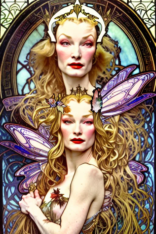 Prompt: realistic detailed face portrait of Veronica Lake as Fairy Queen Titania wearing an elaborate royal medieval gown by Alphonse Mucha, Ayami Kojima, Yoshitaka Amano, Charlie Bowater, Karol Bak, Greg Hildebrandt, Jean Delville, and Mark Brooks, Art Nouveau, Pre-Raphaelite, Gothic Revival, exquisite fine details, 4k resolution