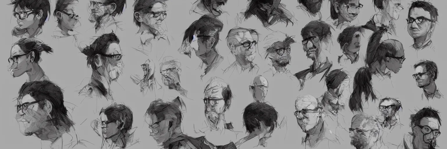 Prompt: character faces, realistic john zorn walking, clear john zorn face, glasses, geek, character sheet, fine details, concept design, contrast, kim jung gi, greg rutkowski and francis bacon, trending on artstation, 8 k, emotional, face turnaround, front view, back view, side view, ultra wide angle