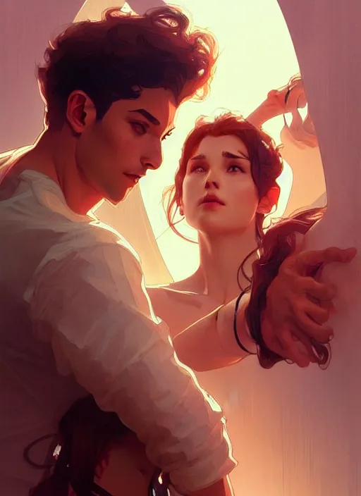 Image similar to young man and a woman, digital painting, artstation, concept art, smooth, sharp focus, illustration, art by artgerm and greg rutkowski and alphonse mucha