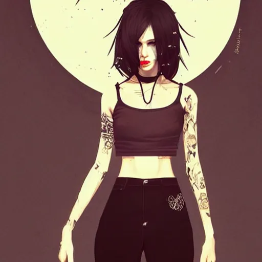 Image similar to a beautiful punkrock woman in crop top, by guweiz and wlop, symmetrical eyes, aesthetic, gorgeous, stunning, alluring, attractive