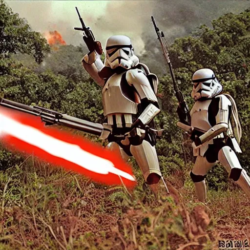 Image similar to star wars clone troopers combat soldiers in vietnam, photo, old picture, lush landscape, jungle, firearms, explosions, helicopters, aerial combat, active battle zone, flamethrower, air support, jedi, land mines, gunfire, violent, star destroyers, star wars lasers, sci - fi, jetpacks, agent orange, bomber planes, smoke, trench warfare