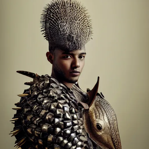 Prompt: a portrait of a beautiful young male wearing an alexander mcqueen armor made of armadillo , photographed by andrew thomas huang, artistic