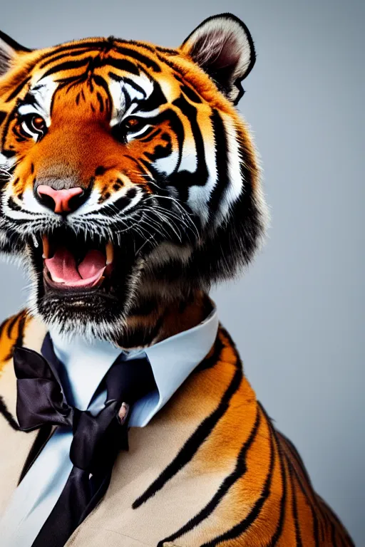 Image similar to high quality presentation photo of a tiger dressed in a dark business suit and tie, Anthropomorphic, photography 4k, f1.8 anamorphic, bokeh, 4k, 85mm lens