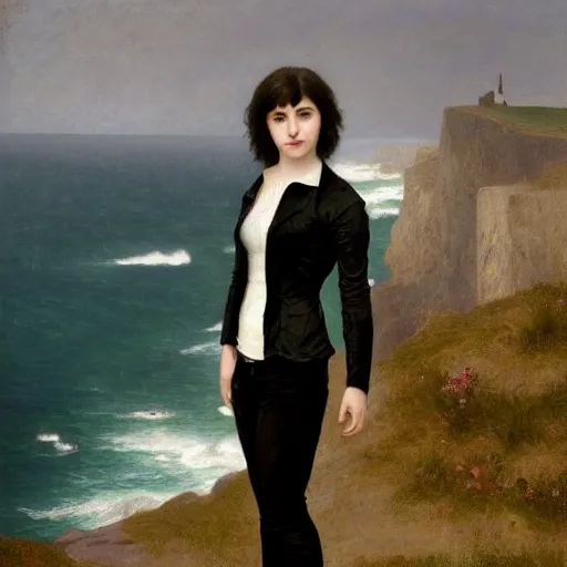 Prompt: 1 7 - year - old pale - skinned british - persian girl with black long bob cut, long bangs, black gothic jacket, black jeans, psychic girl, standing on cliff along the irish coast, overcast gray skies, ultra - realistic, sharp details, subsurface scattering, intricate details, art by william - adolphe bouguereau