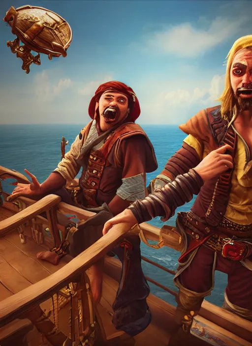 Image similar to an epic fantasy comic book style portrait painting of two bumbling idiot sky - pirates on the deck of a skyship looking at a chest, unreal 5, daz, hyperrealistic, octane render, cosplay, rpg portrait, dynamic lighting, very detailed faces