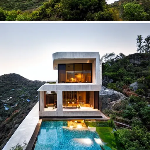 Image similar to contemporary cliffside villa, made of stone and intricate gold details