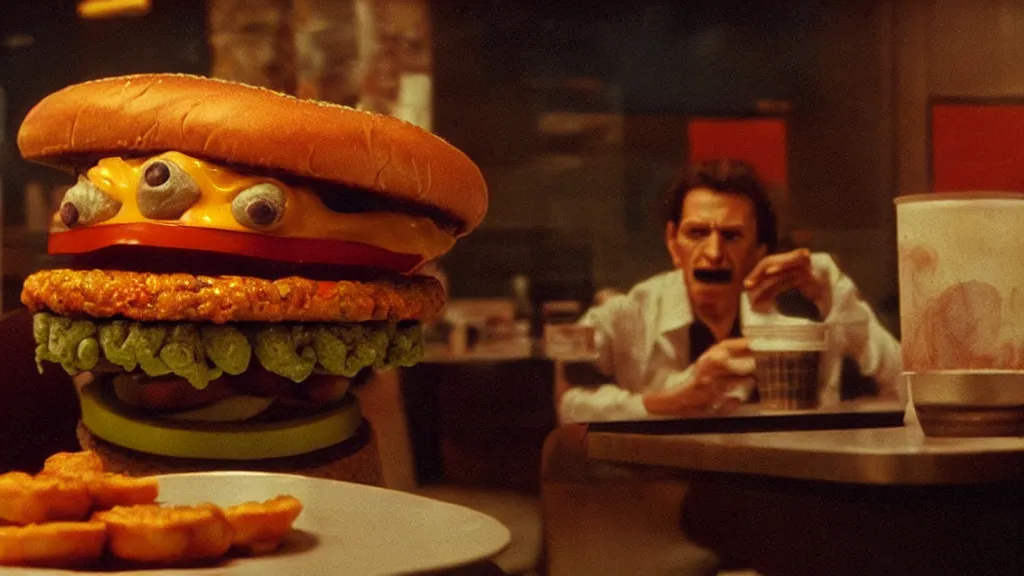 Image similar to the strange cheeseburger creature at the fast food place, film still from the movie directed by denis villeneuve and david cronenberg with art direction by salvador dali and zdzisław beksinski