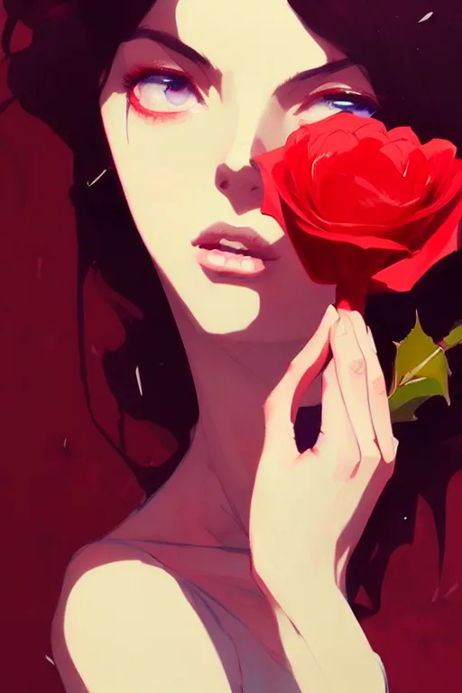 Image similar to a ultradetailed beautiful panting of a stylish woman holding a rose, by conrad roset, greg rutkowski and makoto shinkai, trending on artstation