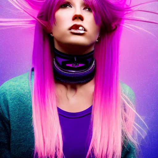 Image similar to a award winning action upper body portrait of a beautiful woman with a ombre purple pink hairstyle with head in motion and hair flying, choker, outrun, vaporware, vivid colors, highly detailed, fine detail, intricate