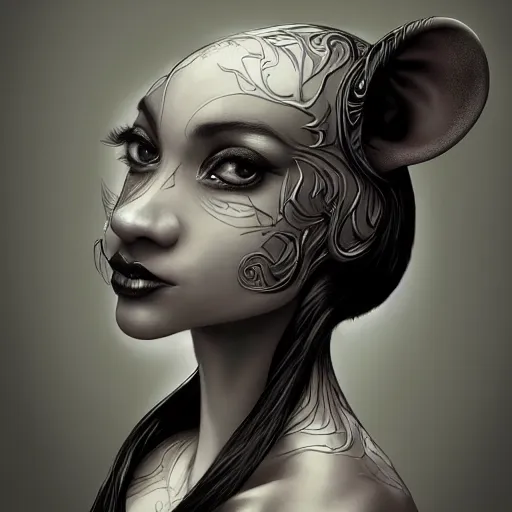 Image similar to a photograpic portrait of a anthropomorphic mouse wearing black clothes, black hair, grey skin, grey mouse ears, fantasy, intricate, elegant, highly detailed, digital painting, artstation, smooth, sharp focus, illustration, art by artgerm and H R Giger and alphonse mucha