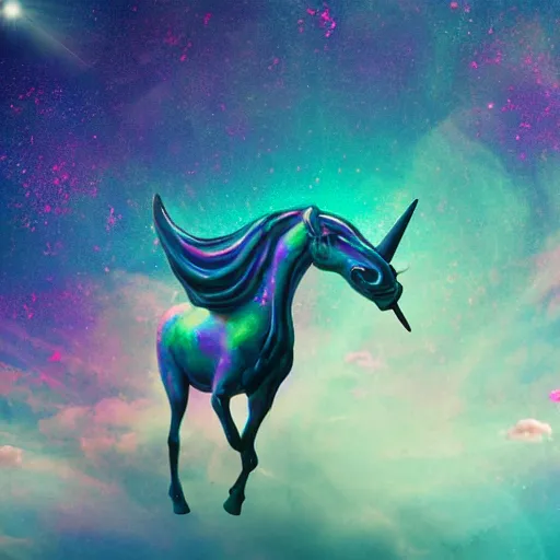 Prompt: 8 k capture scan of a iridescent unicorn with wings dancing in a garbage dump, the sky has the milky way, high textured, conceptual, photorealistic, illustration sharp