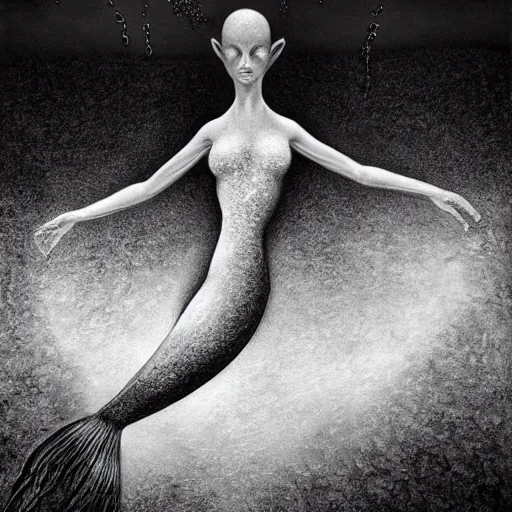 Image similar to By Jason deCaires Taylor, ultra realist soft painting of a squid parade by night, beautiful mermaid in curvy bodysuit, symmetry accurate features, very intricate details, omnious underwater environment, black and white, volumetric light water