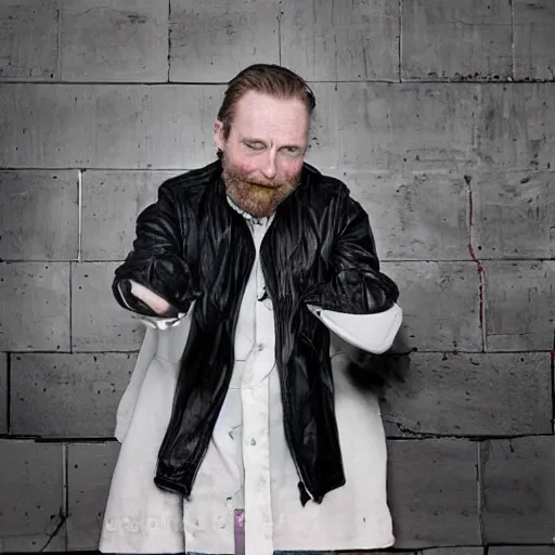 Image similar to Thom Yorke, a man with a beard and a black jacket, a portrait by John E. Berninger, dribble, neo-expressionism, uhd image, studio portrait, 1990s