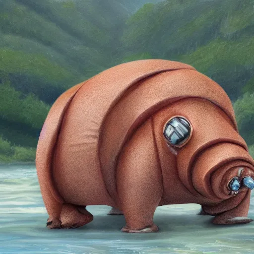 Image similar to giant tardigrade, at a river, photorealistic