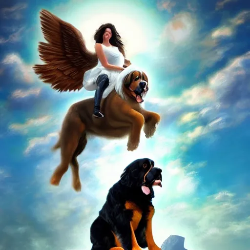 Prompt: an angel riding a giant Bernese mountain dog in heaven, trending on artstation-n 9