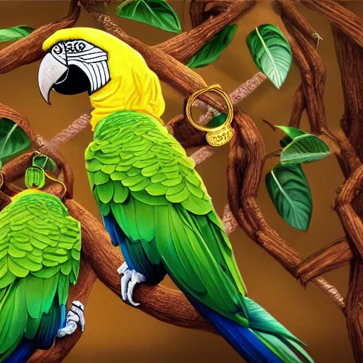 Image similar to parrots wearing golden rings and necklaces, with rap cap on head, rapping and sitting on golden trees, rap scene, modern concept art, trending on artstation, highly detailed, digital art, 8 k