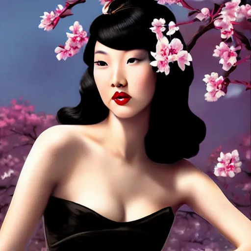 Image similar to pin - up portrait of a beautiful young chinese woman, pretty long hair, cherry blossoms, intense flirting, showing curves, symmetrical face, digital art, smooth, extremely detailed, model pose, intense look, dream, gorgeous young model, traditional beauty, pretty, by wu bayard, by gil elvgren, by ralph horsley, by hanks steve