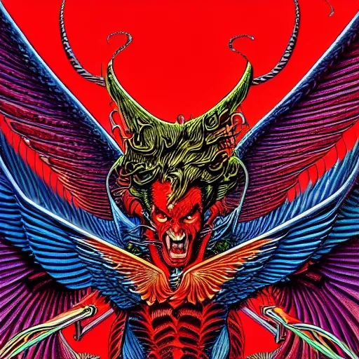 Prompt: hyper detailed illustration of flying demon with wings, intricate linework, post by greg hildebrandt. 8 0 s fantasy artwork. vibrant colors. red shading