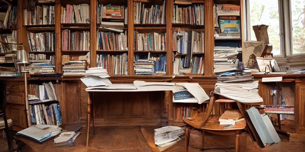 Image similar to a desk with maps and old books sitting in an old study that is dusty with cobwebs all over the surrounding bookshelves