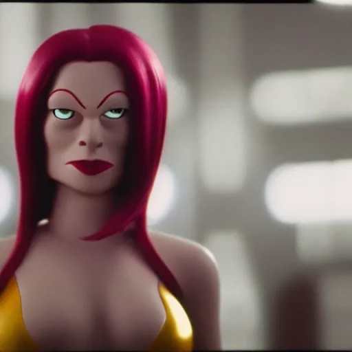 Image similar to still image of leela from futurama in the dark knight, cinematic, anamorphic, 8 0 mm f / 2. 8 l, 3 5 mm film, movie