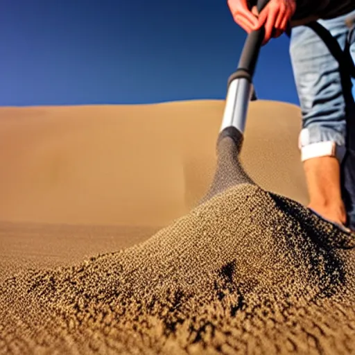 Image similar to beautiful photograph of a man vacuuming sand in a desert