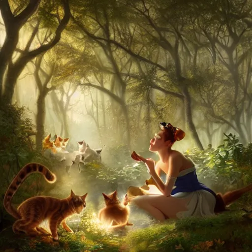 Prompt: a fairytale forest full of cats, light and shadow, by Gil Elvgren and artgerm, WLOP, Felix Kelly and Greg Rutkowski and Gerardo Dottori, high detail, precision detail