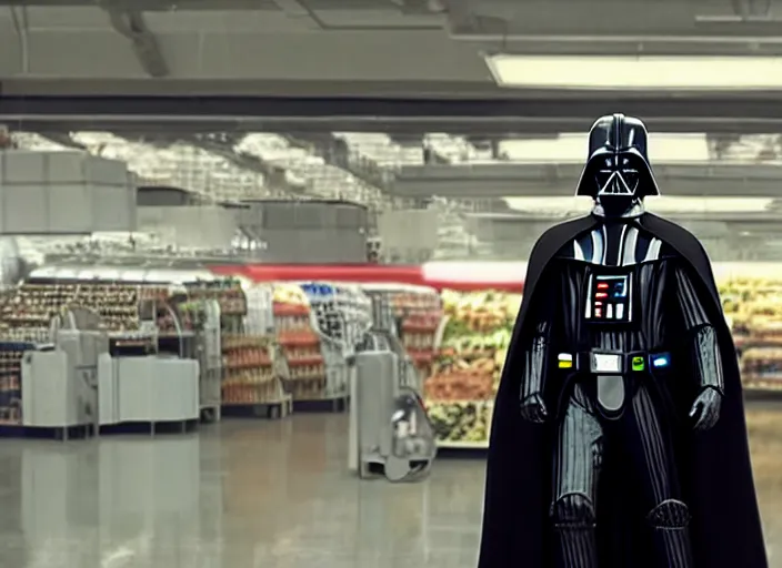 Image similar to film still of Darth Vader goes grocery shopping in the new Star Wars movie, 4k