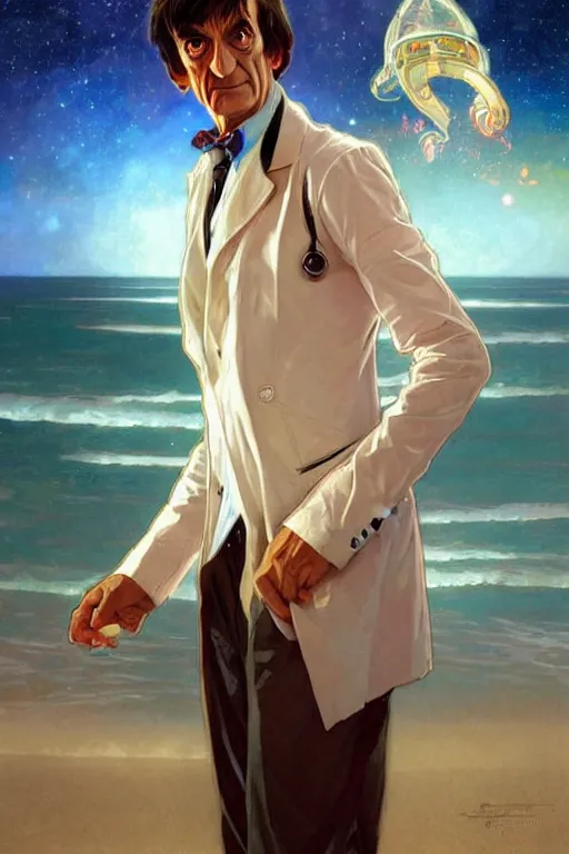 Image similar to the doctor who, patrick troughton on a beach, the ocean in the background, swirling colourful stars in the background, art by artgerm and greg rutkowski and alphonse mucha