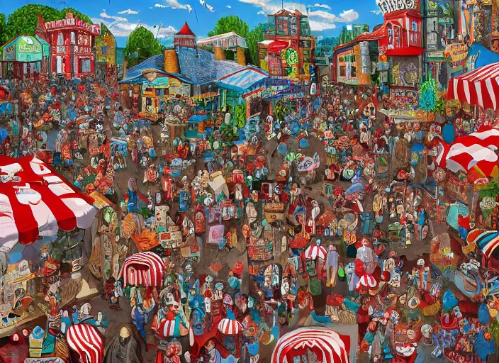Image similar to where's waldo, folk art, lowbrow, matte painting, 3 - d highly detailed, in the style of camille rose garcia