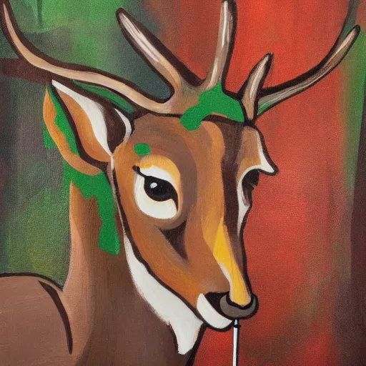 Image similar to deer with a cigarette in its mouth, stylized, artistic, great contrast, brown and green, rule of thirds, dripping paint, thick strokes, gouche