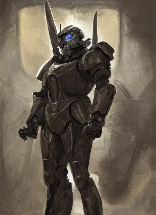 Image similar to medium-length portrait of a male paladin with short curly hair and a greying beard, olive skin, a grim expression and tired eyes, wears a suit of power armor, magitech!, Enchanted power armor, gundam, medieval setting, highly detailed, digital painting, artstation, concept art, sharp focus, illustration, art by greg rutkowski and alphonse mucha