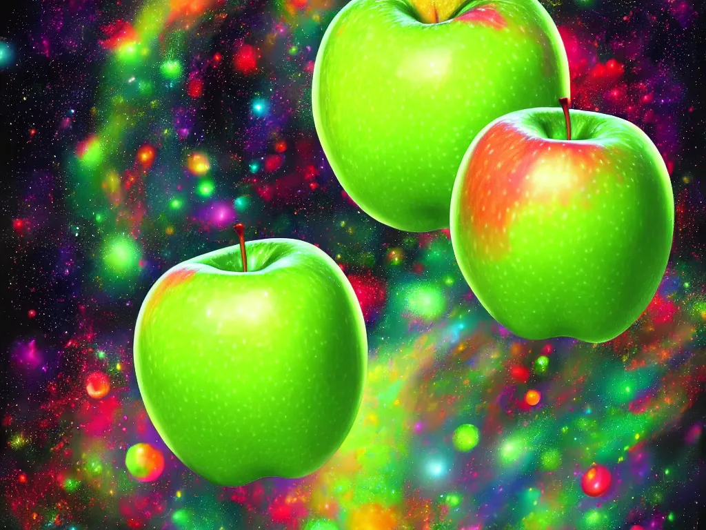 Prompt: Psychedelic portrait of a Granny Smith apple with google eyes floating in space wearing a top hat , volumetric lighting, artstation, digital painting, very high detail, hyperrealistic, vivid color