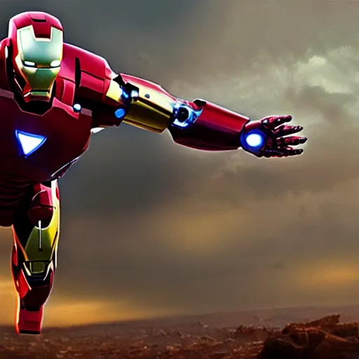 Image similar to photorealistic oil painting of a scrap built iron man suit flying in a post apocalyptic world