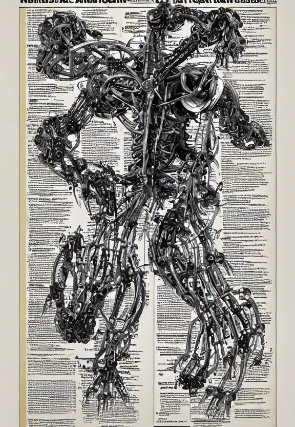 Prompt: highly detailed labeled medical anatomy poster of a robotic abomination, poster paper with notes, well - lit, ray tracing, detailed, mechanism, forbidden - knowledge, intricate details, gold and silver ink, by kentaro miura, marco bucci