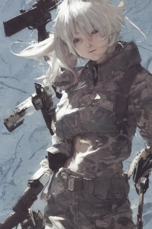 Prompt: girl, silver hair (ponytail), (winking), multicam (camo), trending on artstation, detailed, cinematic full body shot, ilustration by (Takehiko Inoue) ((and Yoann Lossel)) ((and Yoji Shinkawa))