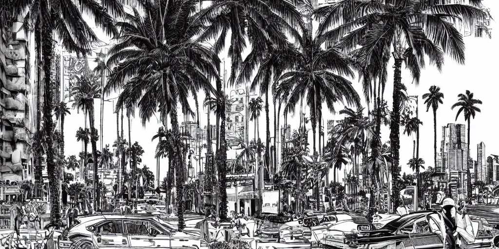 Image similar to cinematic high contrast graphic illustration of hyper detailed highway realistic streetwalkng in an afro futurist city blocks palm trees, by frank lloyd wright architect, bill sienkiewicz, wide angle, insanely detailed and intricate