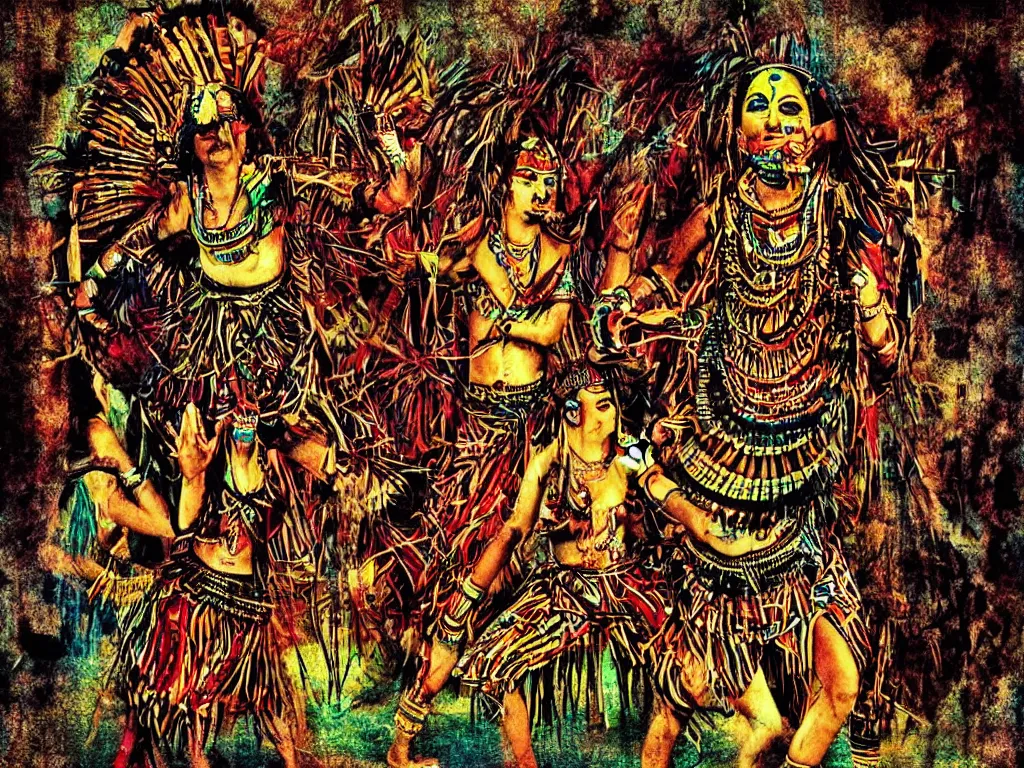 Image similar to surreal, tribal dance, art by mirella stern, mark fredrickson, dali, grunge filter effect