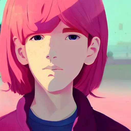 Prompt: portrait of a pink haired teen boy, highly detailed, digital painting, by makoto shinkai and thomas kindle and James gilleard