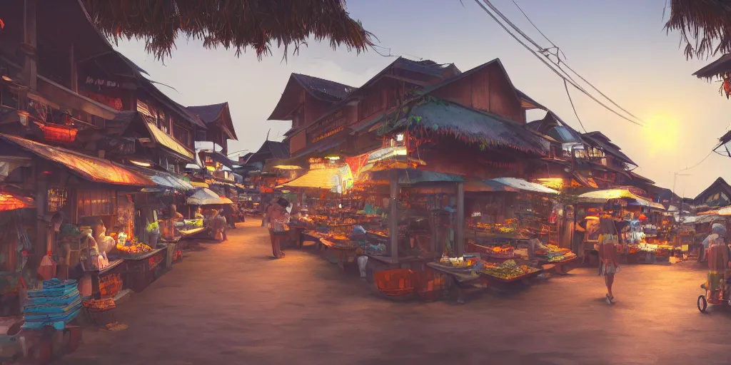 Image similar to shops at pulau indah fishing village, early morning, detailed matte painting, low angle view, telephoto lens, bokeh, studio ghibli, artstation