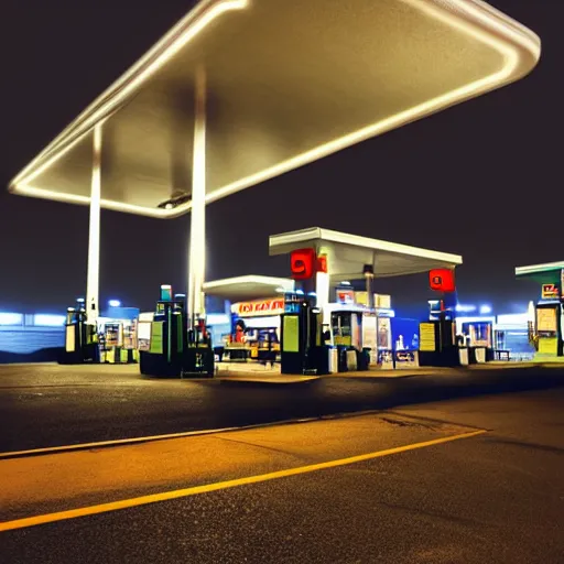 Image similar to a gas station at night, it's raining, dark, 8K, ultra photoreal, ultra detailed, hyperdetailled, volumetric lightvolumetric light