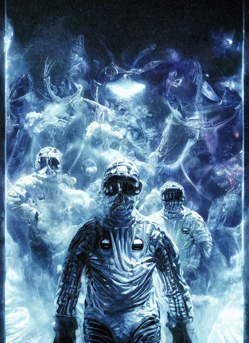 Image similar to astronauts in the dark infinite underwater void - complex and hyperdetailed technical suit, fabric material. reflection and dispersion materials. rays and dispersion of light. volumetric light. wide angle, f / 3 2. noise film photo. flash photography. ultra realistic, wide angle. poster by wayne barlowe, hajime sorayama aaron horkey, craig mullins