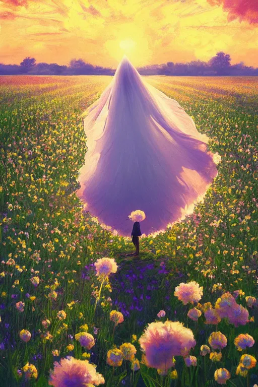 Image similar to giant white flower head, veil girl walking in a flower field, surreal photography, sunrise, dramatic light, impressionist painting, colorful clouds, digital painting, artstation, simon stalenhag