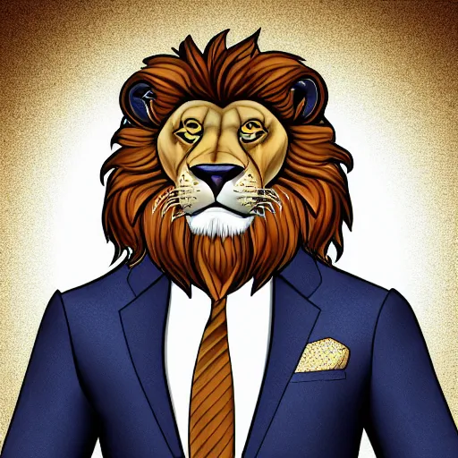 Image similar to a handsome anthropomorphic lion with short hair in an expensive suit, high quality digital art