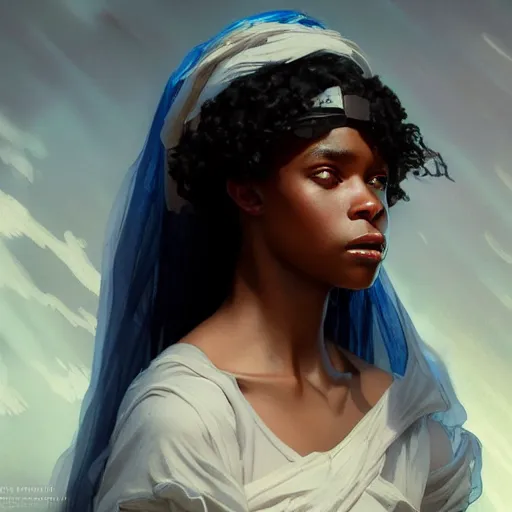 Image similar to a Photorealistic dramatic hyperrealistic bright blue eyes, African American girl, black hair, white veil,by WLOP,Artgerm,Greg Rutkowski,Alphonse Mucha, Beautiful dynamic dramatic dark moody lighting,shadows,cinematic atmosphere,Artstation,concept design art,Octane render,8k