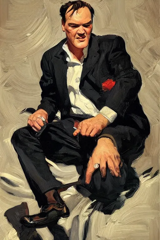 Image similar to quentin tarantino holding feet!!!, licking, painting by jc leyendecker!! phil hale!, angular, brush strokes, painterly, vintage, crisp