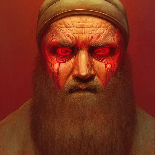 Image similar to Angry Bearded Miner portrait, dark fantasy, red and gold, artstation, painted by Zdzisław Beksiński and Wayne Barlowe