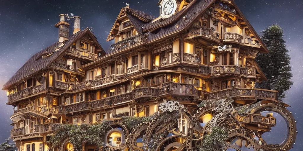 Prompt: Beautiful mechanical Swiss chalet made of intricate watch parts, cogs, gears, gearwheels, levers, jewels, shiny silver, shiny gold, architectural render, futuresynth, by Gabriel Dawe, by Skottie Young, by Jessica Rossier, by Isaac Cordal, Rolex, Breitling, Jacob & Co, Omega, Tag Heur