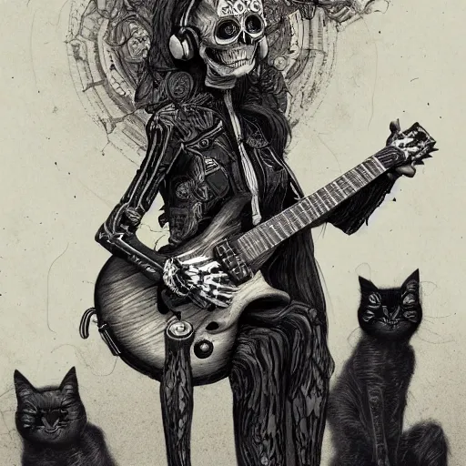 Image similar to skeleton wearing headphones, watching girl playing guitar while her black cat standing next to her, detailed intricate ink illustration, dark atmosphere, detailed illustration, hd, 4k, digital art, overdetailed art, by greg rutkowski, by loish, complementing colors, Trending on artstation